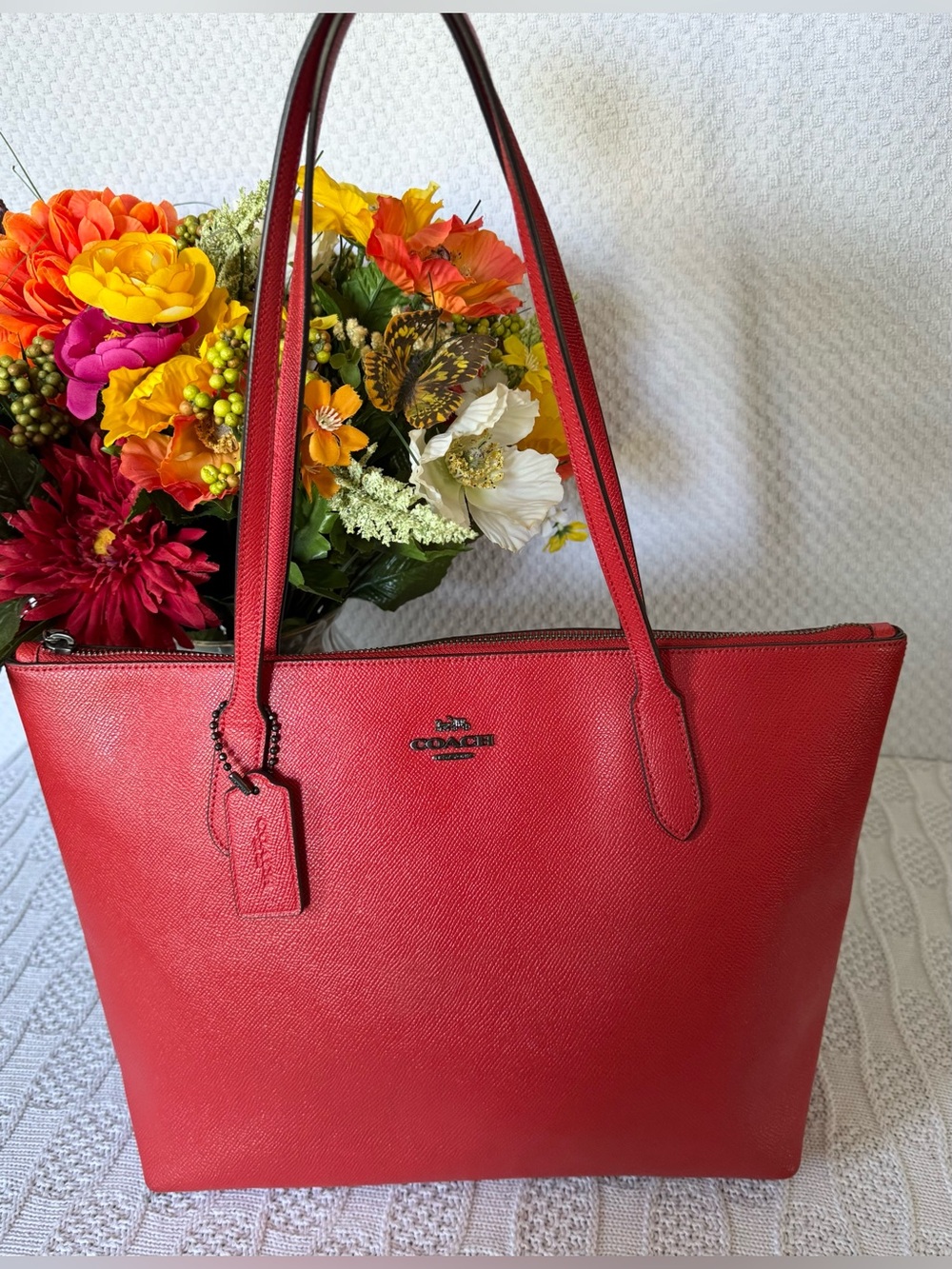 Coach Crossgrain Orange Leather Zip Top Tote